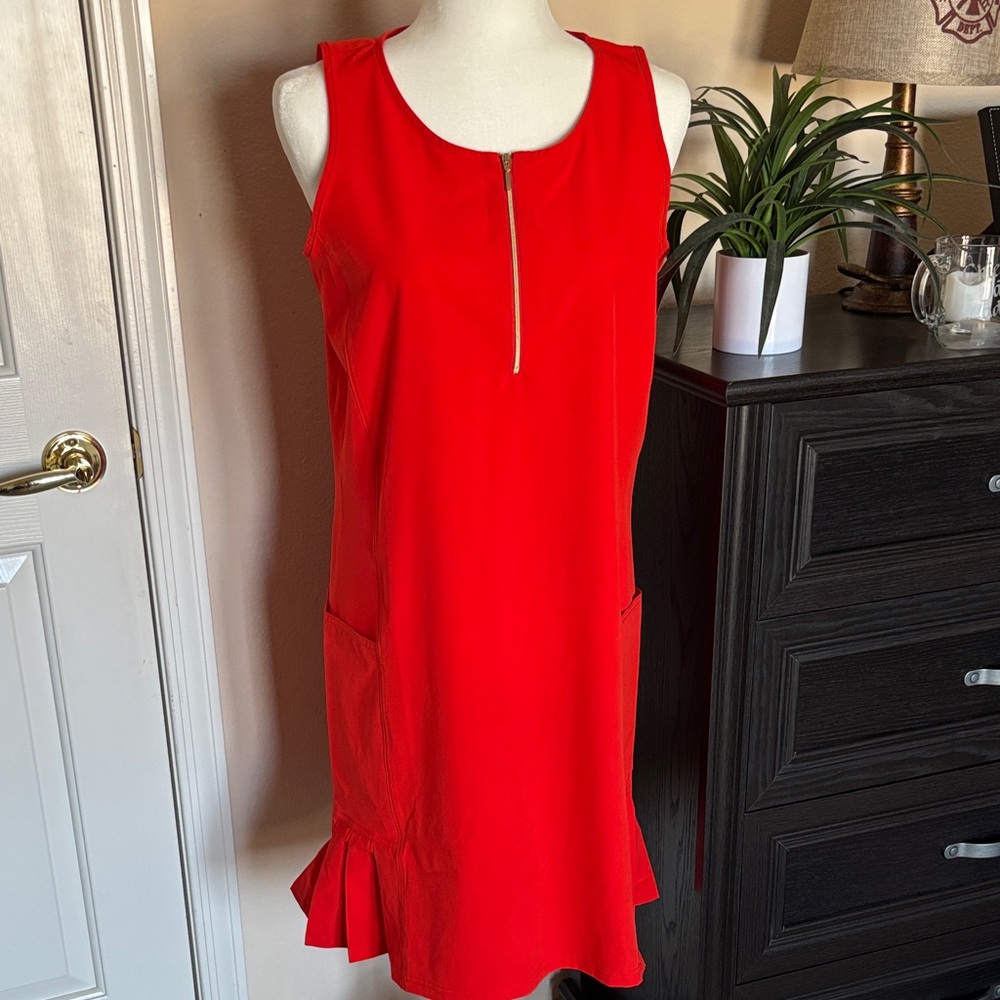 Chico’ Zenergy Orange/Red Sleeveless Dress with Ruffle Hem. NWT.